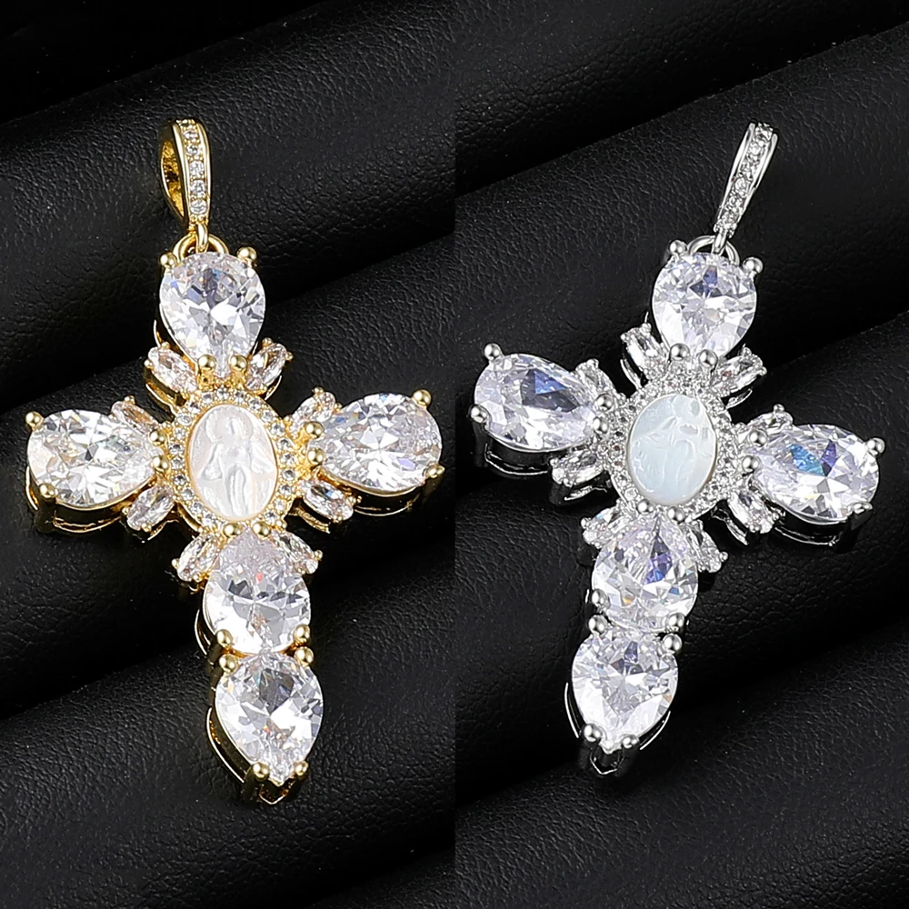 Juya DIY 18K Real Gold Plated Christian Cross Pendants Supplies Handmade Cubic Zirconia Pearl Shell Saint Virgin Mary Charms