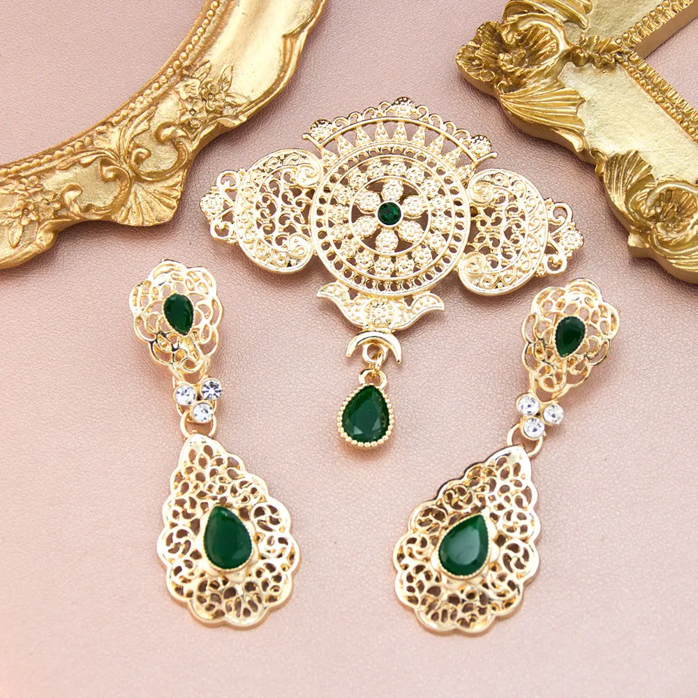Elegante Arabische Marokko Frauen Hohl Filigrane Brosche Tropfen Ohrring Sets Gold Farbe Braut Hochzeit Schmuck Kristall Bijoux