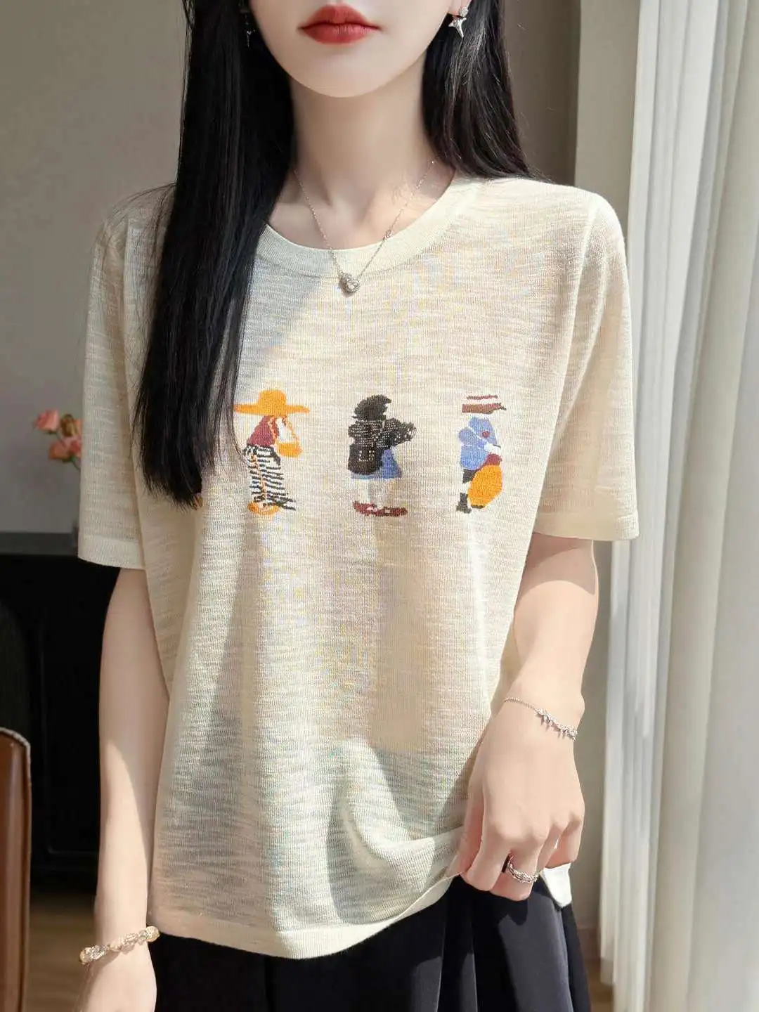 

Premium Bamboo Rayon Knitted round Neck Printed T-Shirt Women's Lightweight Breathable Casual Anti-aging Short Sleeve Semi-tr...