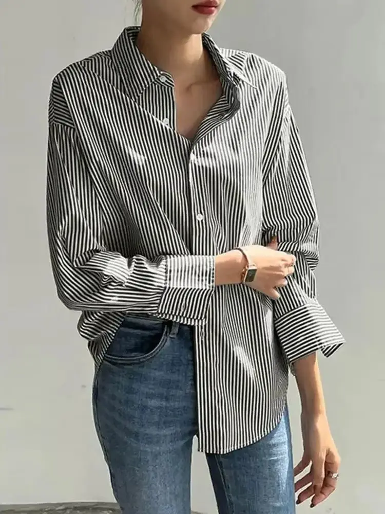 قميص نسائي صيفي غير رسمي بياقة فضفاضة مخطط قميص كوري جديد أنيق للمكتب للسيدات بأكمام طويلة قميص علوي كبير الحجم #3