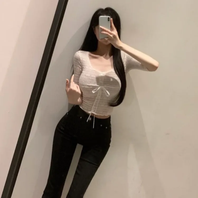 Slim Fit Sexy Pure Desire Women's U-Neck Five Sleeve Lace Shirt T-Shirt Top Korean Style Autumn Breathable Skin-Friendly