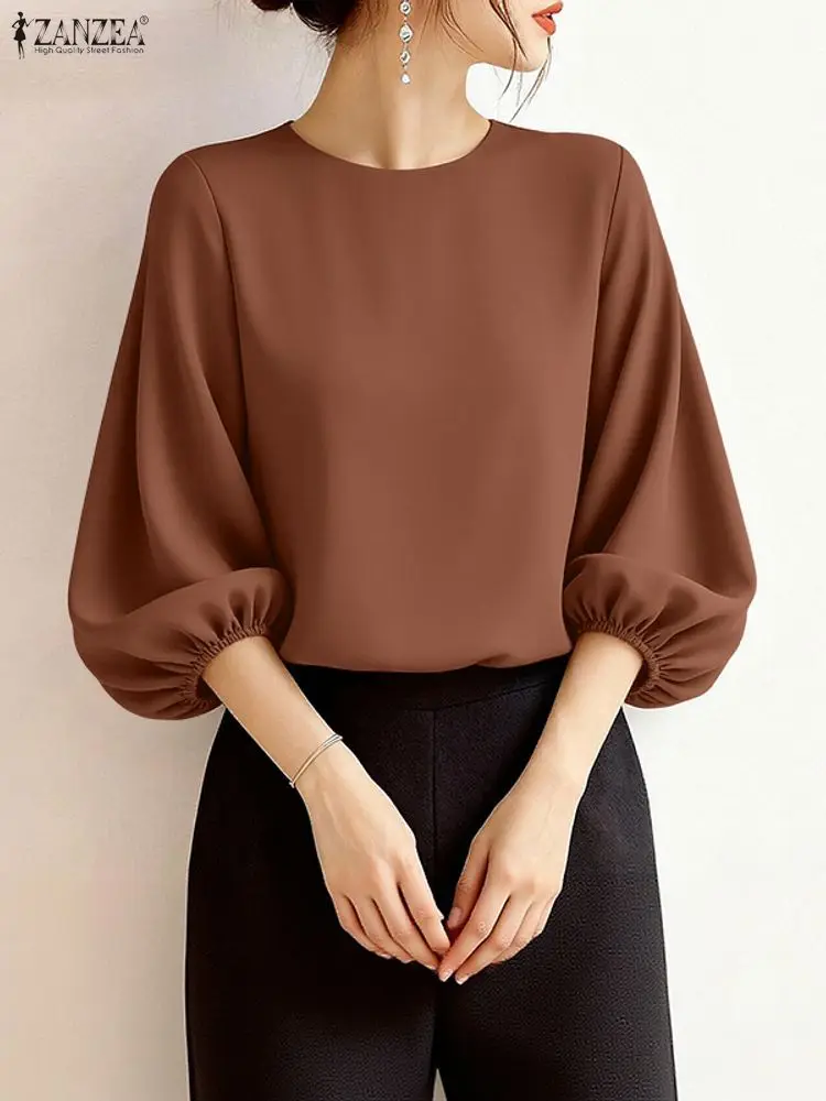 ZANZEA レディース エレガント 七分袖 ランタンスリーブ オフィスブラウス 2026 春夏ブラウス おしゃれ 無地 OL ワークシャツ カジュアル Oネック トップス