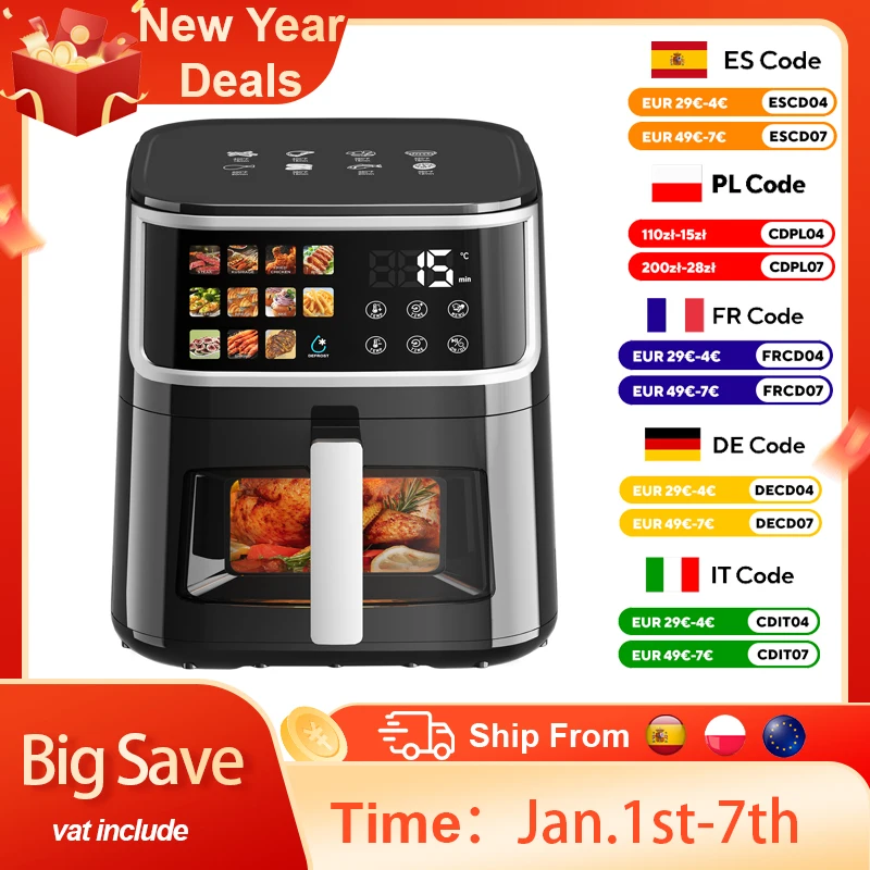 Patbrela Friteuse sans graisse 8L Grande Friteuse à air chaud avec écran LED 11 fonctions prédéfinies Roast Cuisson Dhydrate Réchauffer Silencieux Antiadhésif
