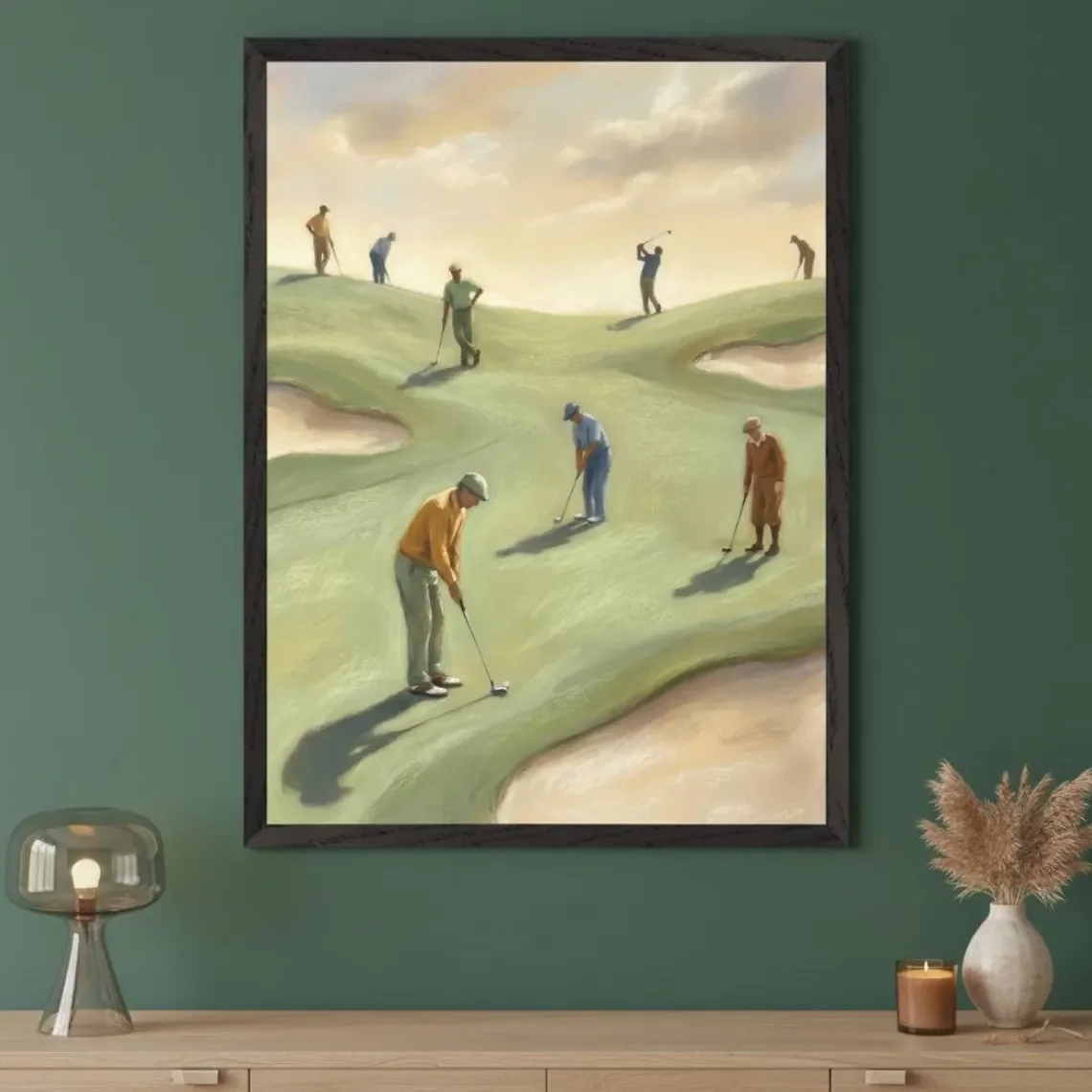 Wanddekoration mit Vintage-Golfplatz-Golfermotiv – warmes Impressionistisches Kunstwerk für das Wohnzimmer eines Golf-Liebhabers, als Akzent für das Heimbüro