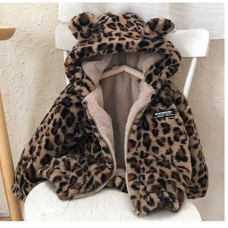 Cappotto invernale per bambina in peluche e peluche spesso, per bambini, con stampa leopardata, indumento esterno ispessito, abbigliamento per