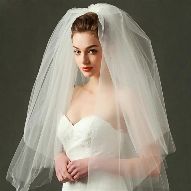 2 Tiers White Ivory Bride Wedding Veil Short Fingertip Bridal Tulle Veil with Comb and Cut Edge Velos De Novia Largos