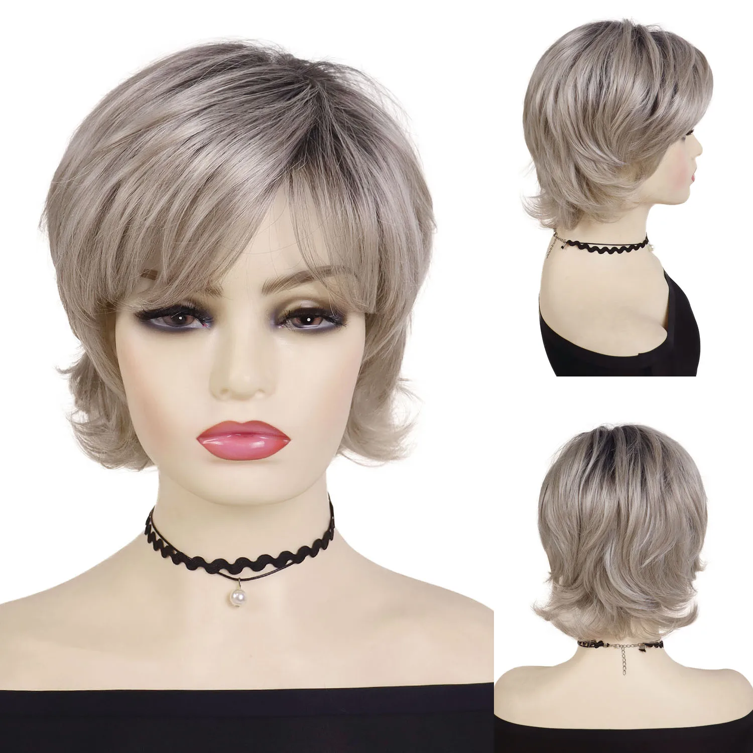 

Ash Blonde Synthetic Pixie Cut Wigs for Women Short Haircuts Grandma Wig with Bangs Natural Hairstyle Female Wig Daily Costume