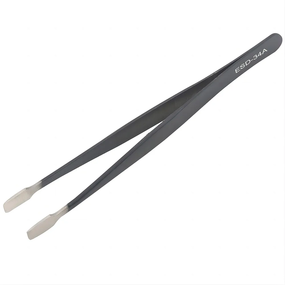 ESD-34A Stainless Steel Anti Static Flat Wide Tip Precision Tweezers for Crafts, Stamp Tweezers Philately Collector Tongs