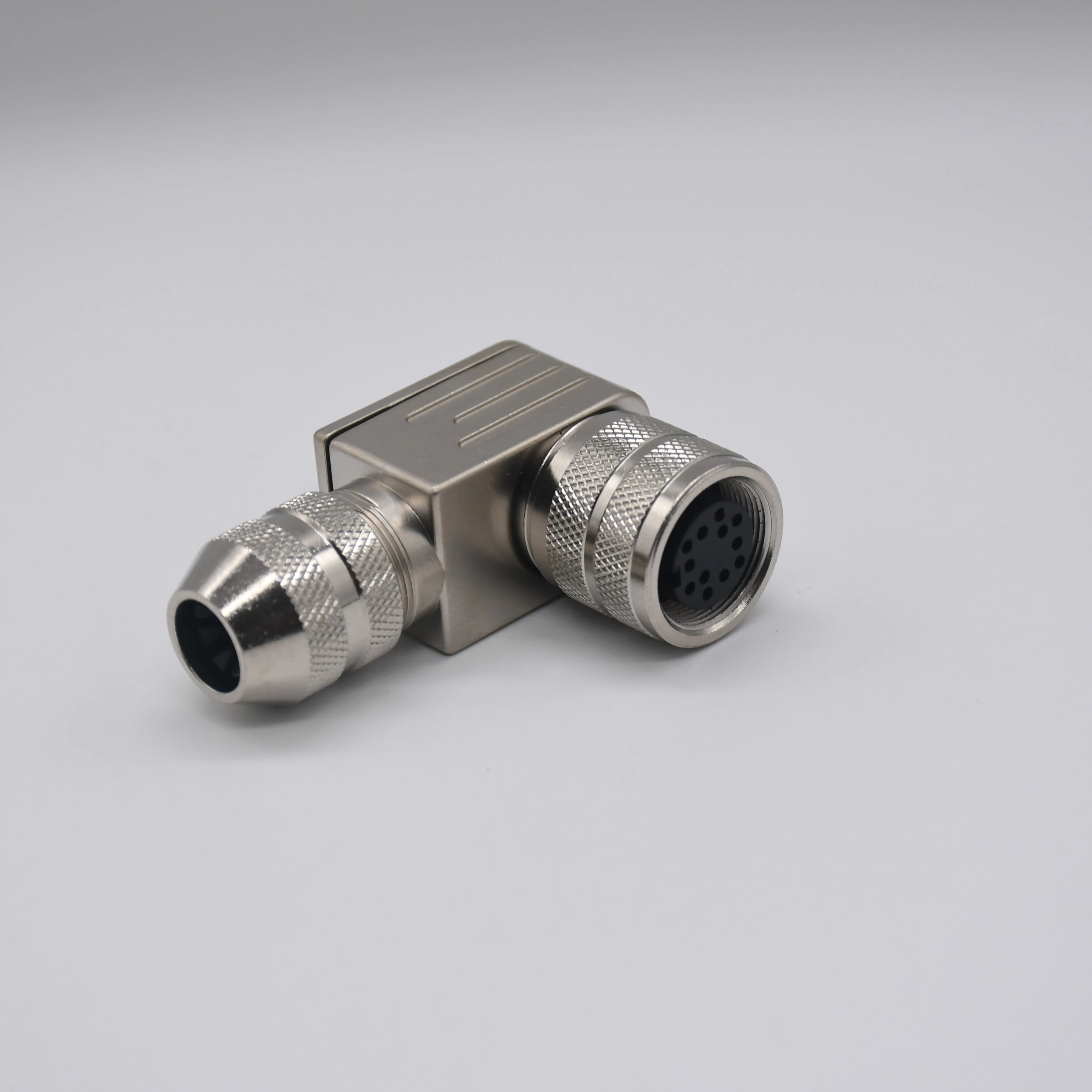 M16 12 Pin Electric Wire Connector Female A-Coded Right Angle Silver Metal IP67 Screw Locking Shielded Plug