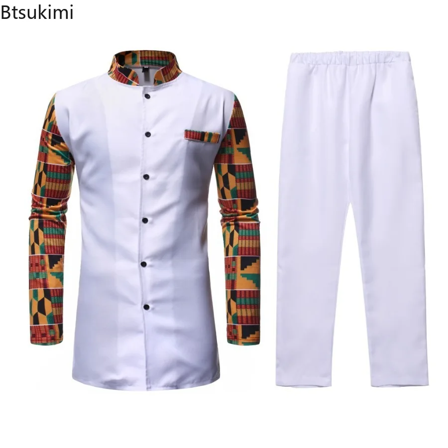 

African Style Men's Two Piece Sets Fashion Patchwork Design Stand Collar Long Sleeve Shirt and Pants Male African Dashiki Outfit