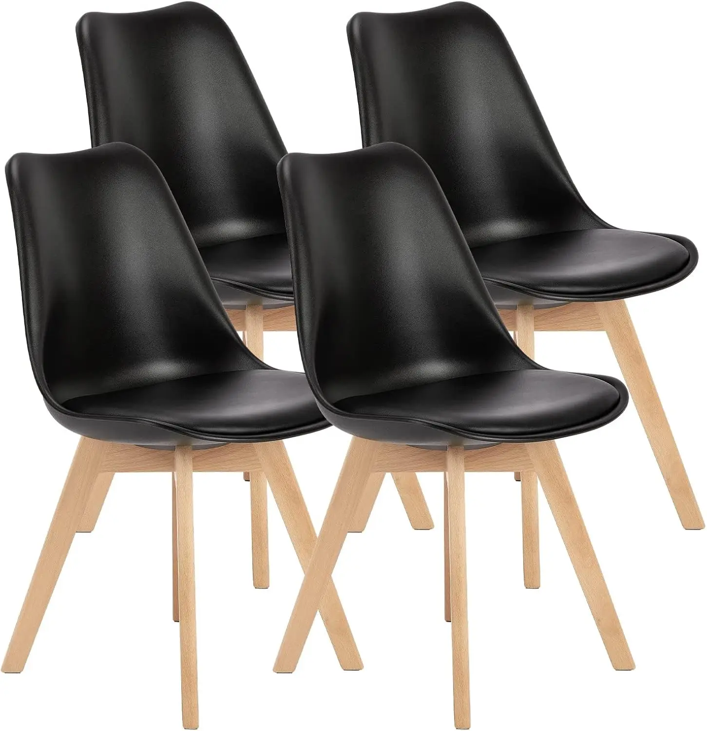 Mid-Century Modern Dinning Chairs, Living Room Bedroom Outdoor Lounge Chair PU Leather Cushion and Wood Legs, Black