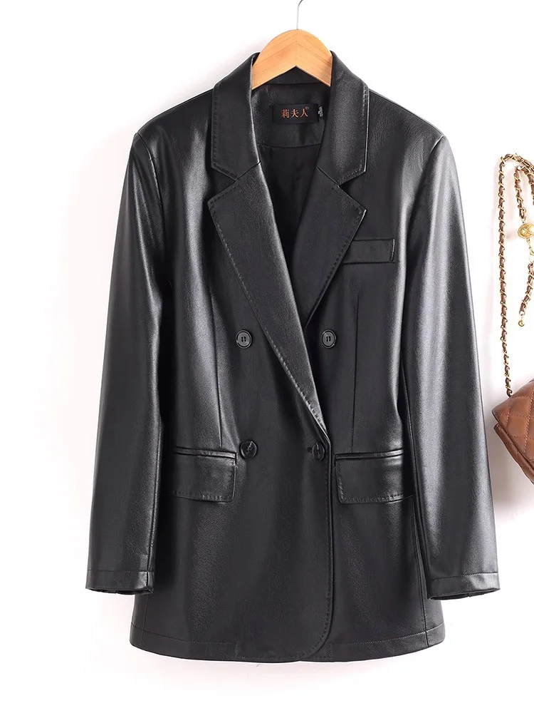 Neu Damen Spaltleder Lässiger Blazer Frühling Herbst Mode Anzugkragen Zweireiher Lockere Taille Lederjacke Damenblazer