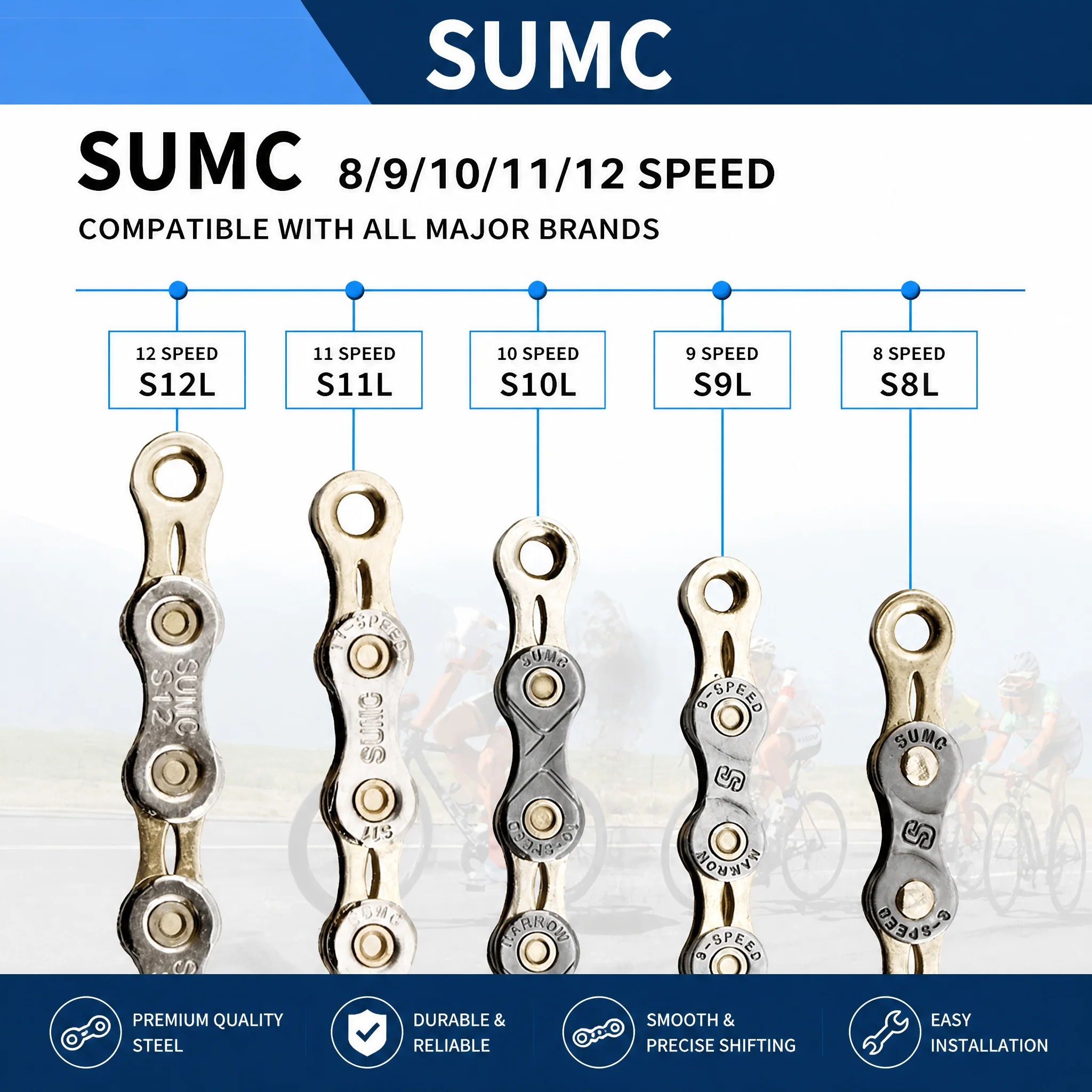 SUMC Half-Hollow Ultralight Bike Chain 8/9/10/11/12 Speed Gray Gold Plating With Quick Link Fits MTB Road Folding Bicycle