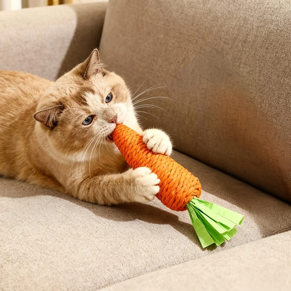 3 قطع لعبة قطط على شكل جزرة مع جرس من الداخل - مضغ وخدش تفاعلي للقطط، حبل ورقي متين وحبل للخدش