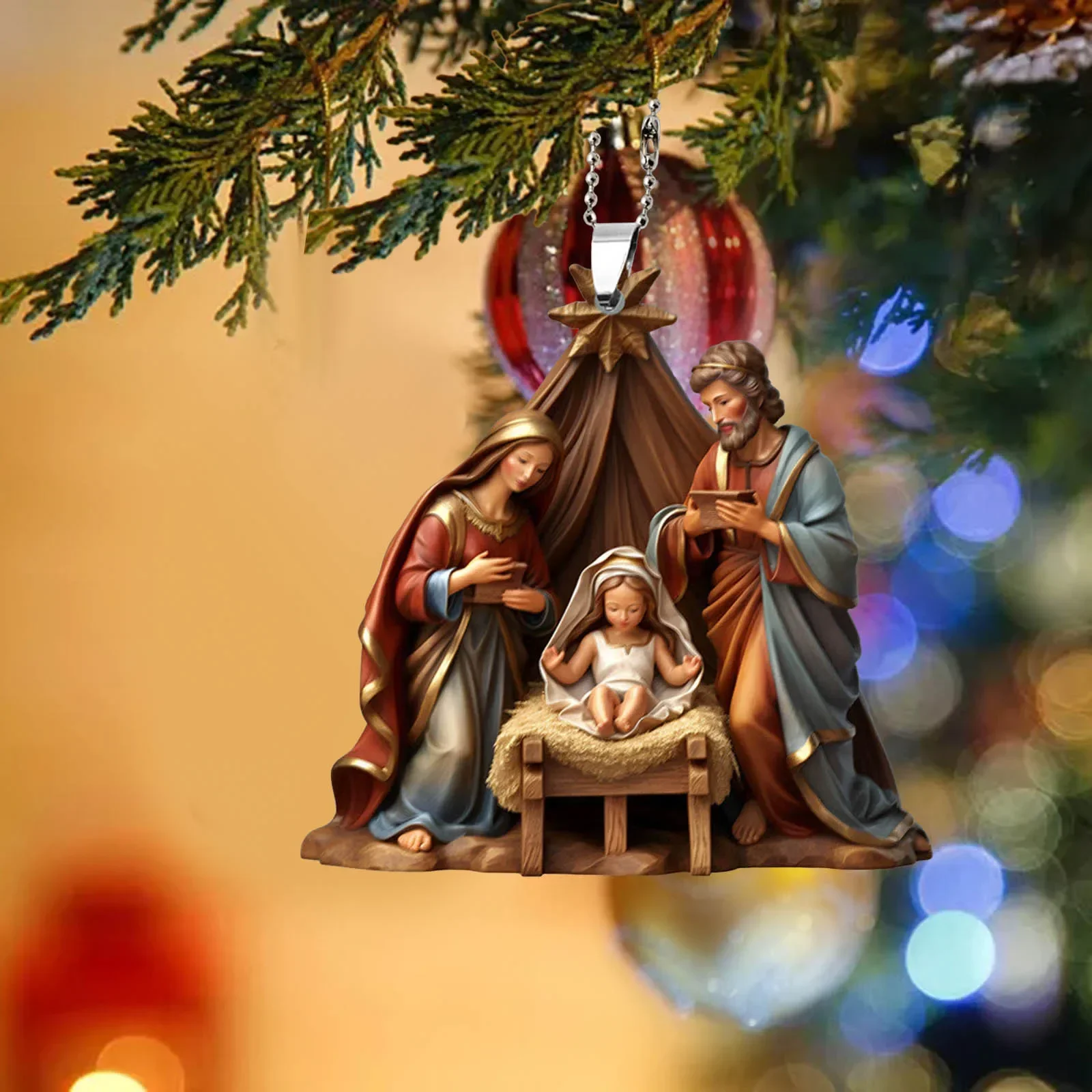 Christmas Tree Jesus Pendant Ornament Family Prayer Scene Pendant Bright Colored Car Decoration Pendant Home Decorations