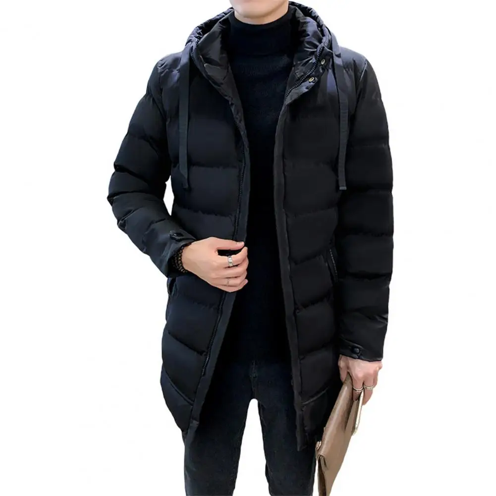 Parka de algodão espesso masculina, casaco com capuz, manga comprida, zíper cheio, cor sólida, jaqueta longa de comprimento médio, outwear acolchoado, moda