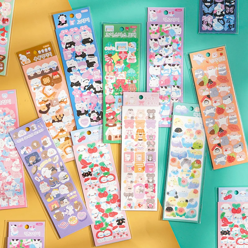 Sparkling Cute Kitty Cat Cartoon Sticker For Scrapbook Photo DIY Star Ribbon Sticker for Journal Laptop Album Decorative Sticker