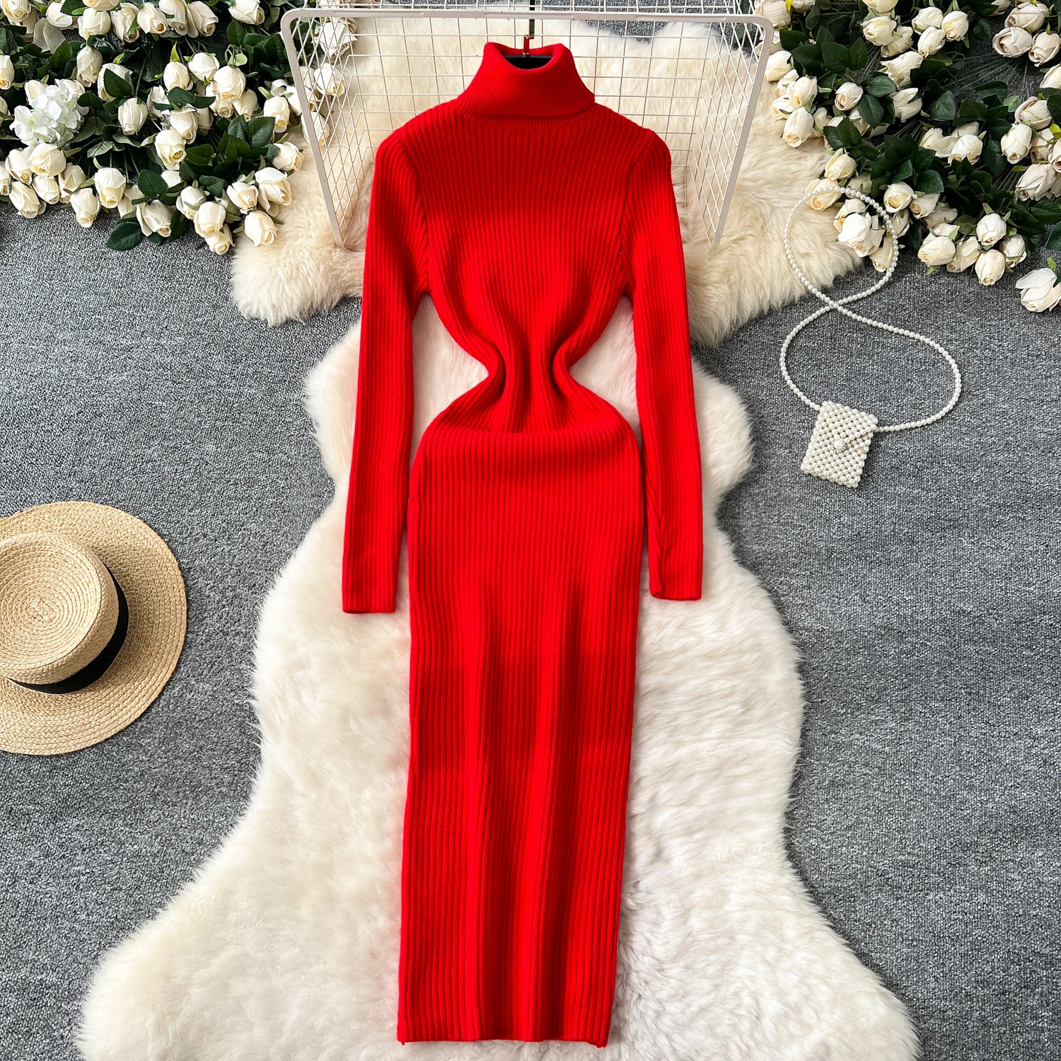 Elegant Long Sleeves Vintage Turtleneck Chic Knitted Slim Long Dresses Office High Street Autumn Winter Women Elastic Clothing