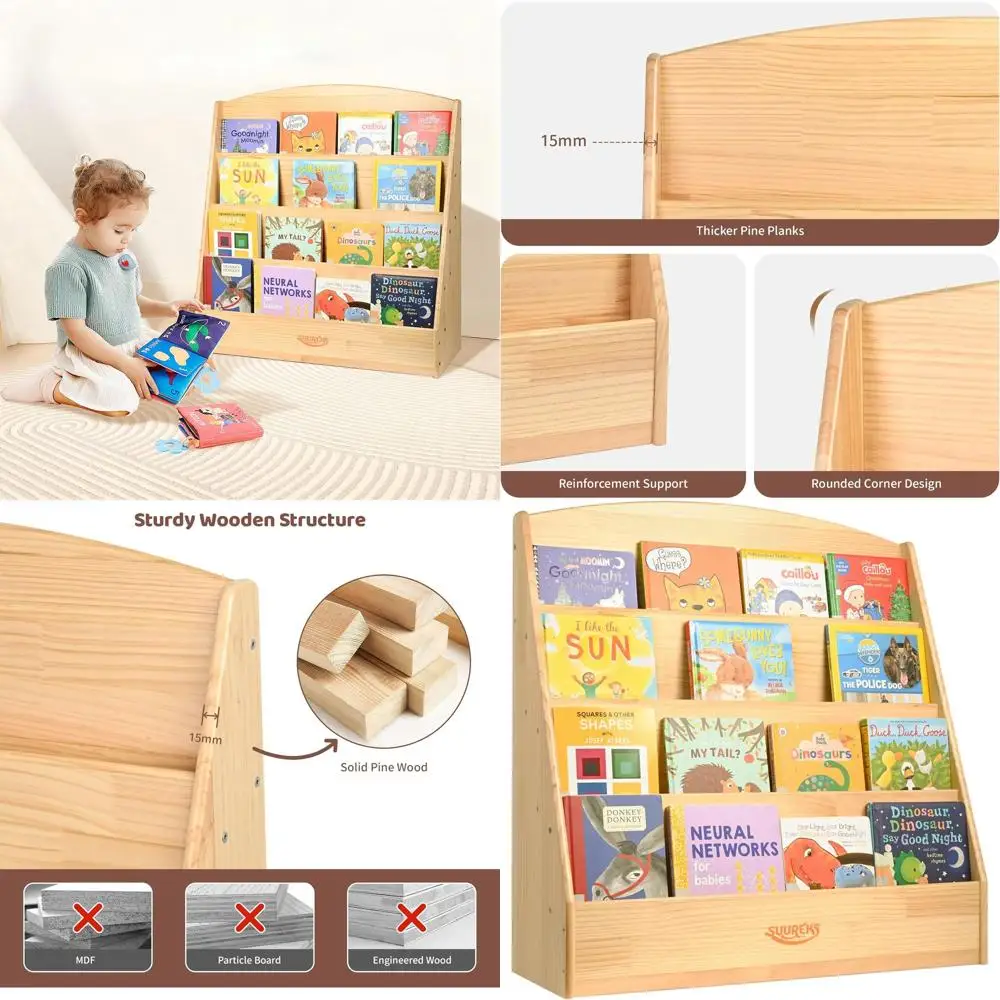 

Children's 4-Tier Montessori Wooden Bookcase - Secure, Durable, and Wipe-Clean for Playrooms, Nurseries, and Classrooms (31.5 De