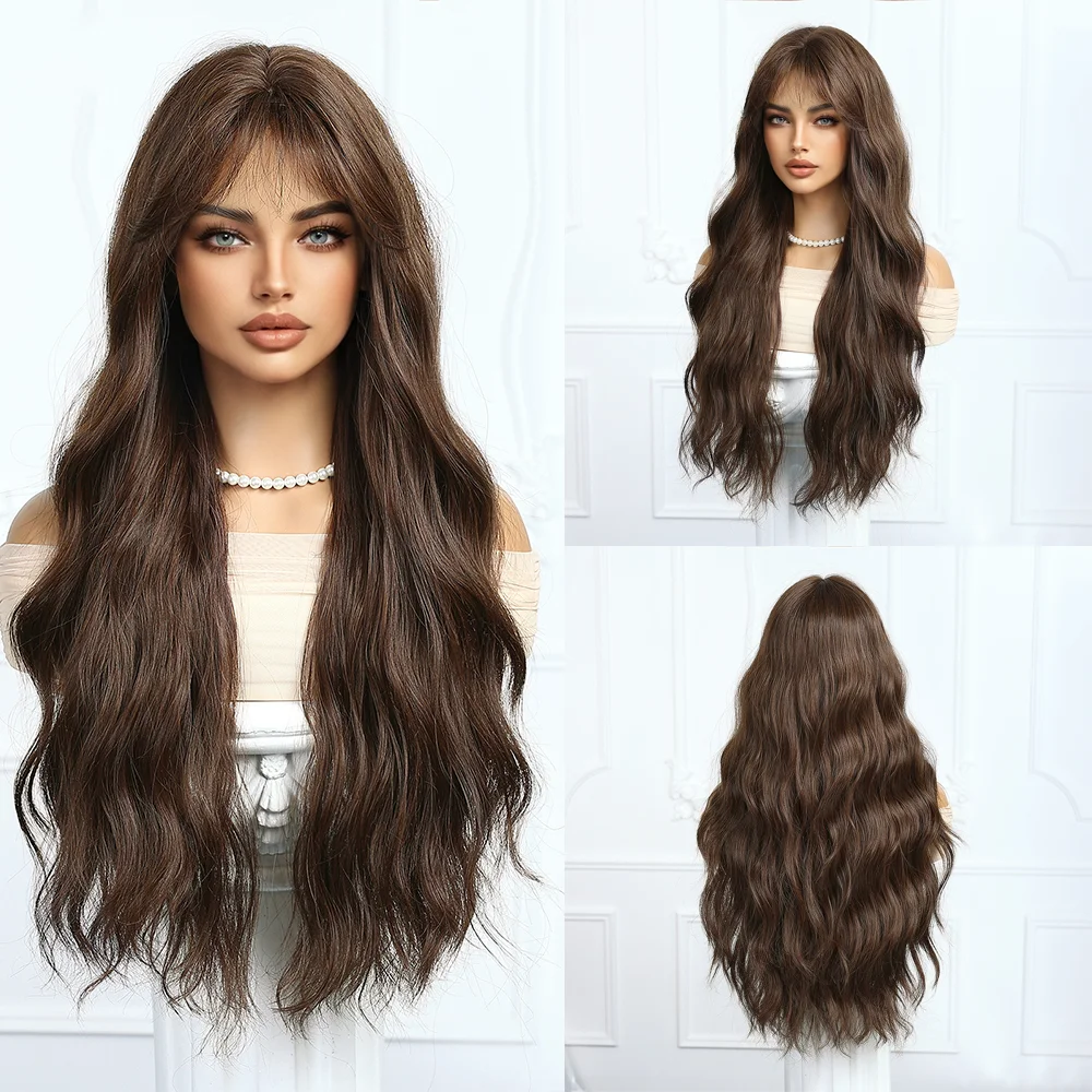 

26-Inch Wavy Synthetic Curly Hair With Bangs In Brown And Black Is Suitable For Women'S Daily Party Fluffy Heat-Resistant Wigs