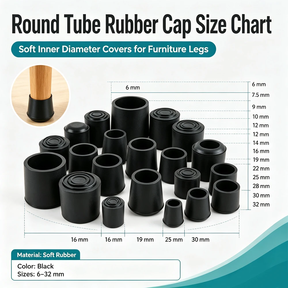 4-16Pcs 6mm-32mm Round Rubber Chair Leg Pad, Furniture Leg Table End Plug PVC Silent Anti-Slip Floor Protection Cap Foot Cover