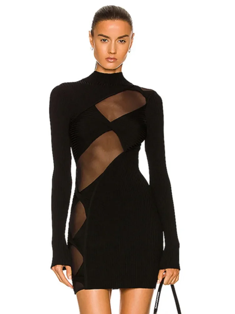 

New Arrival Women Summer Sexy Turtleneck Long Sleeve Mesh Black Mini Bodycon Bandage Dress 2023 Elegant Evening Club Party Dress