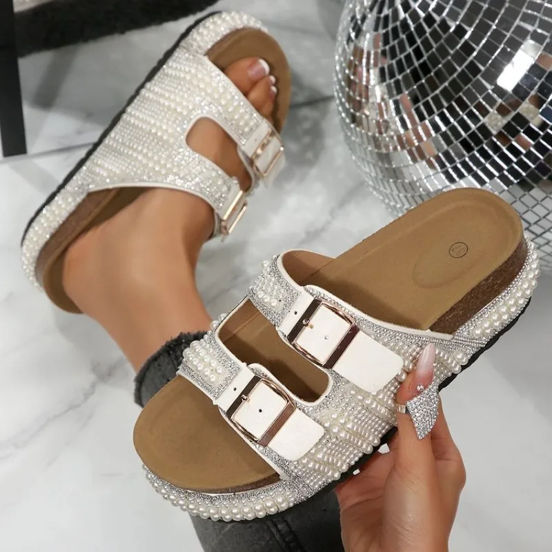 

Women Slippers Thick Bottom Belt Buckle Slippers Pearl Rhinestone Slip-On Shoes Large Size Rubber Sole Sandals Slides Women