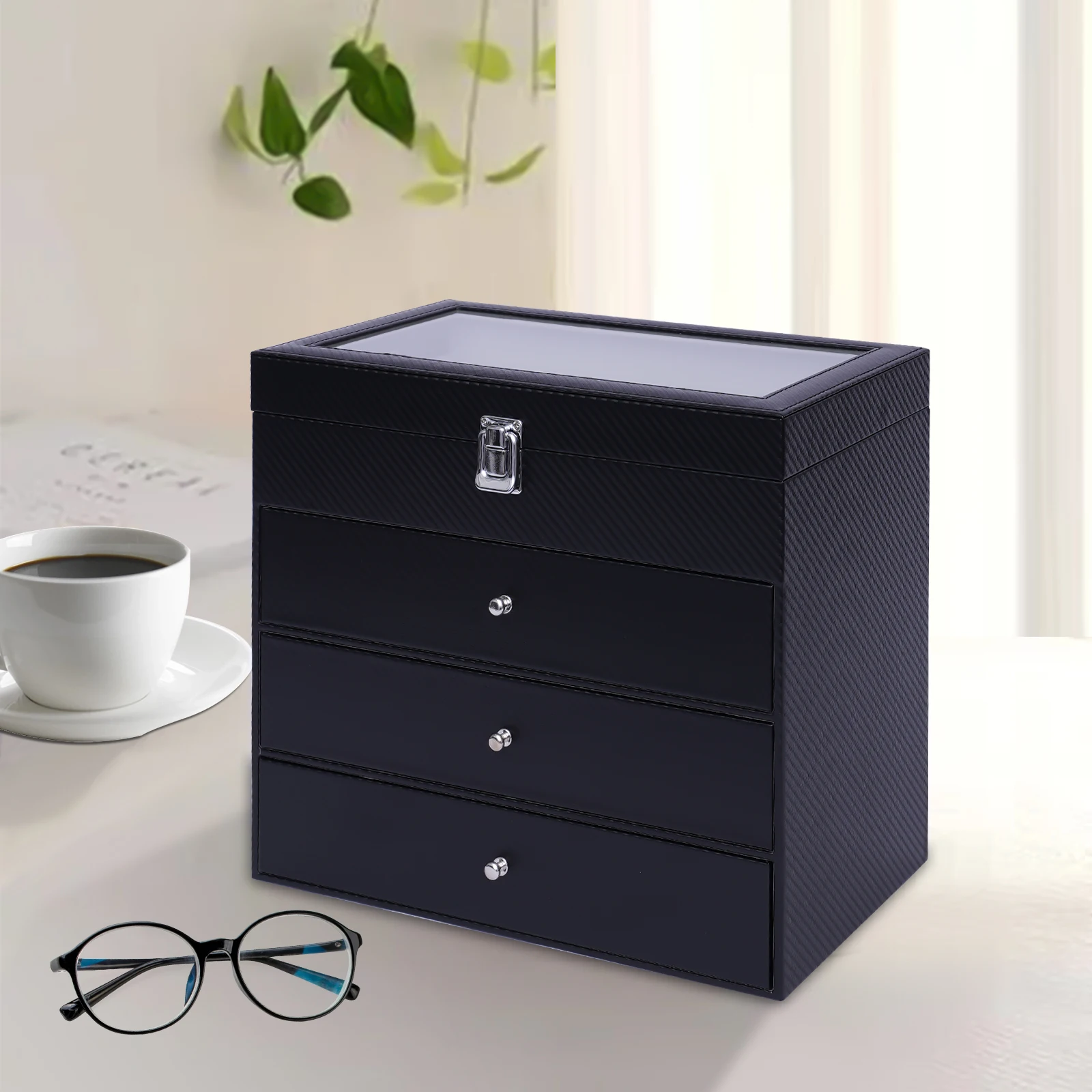 Eyeglasses Organizer 4-Tier 24 Separate Compartments Display Box Sunglasses Storage Box Holder Full Pull-out Design W/Lock