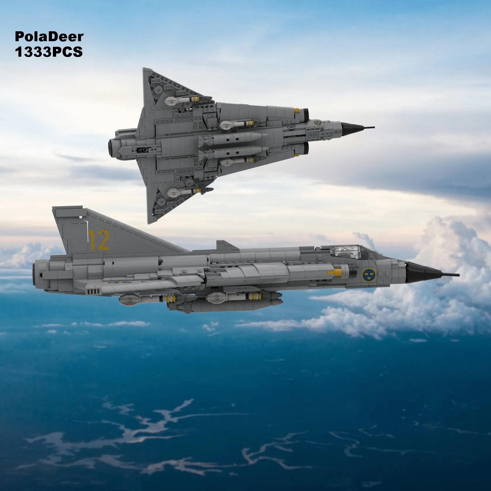 PolaDeer DIY 1333-Teiliges MOC-Set mit Aufkleberständer 1:35 Maßstab J35 Siren Fighter (Draken) Baustein-Modellbausatz Spielzeug Geburtstagsgeschenk – Detail 6
