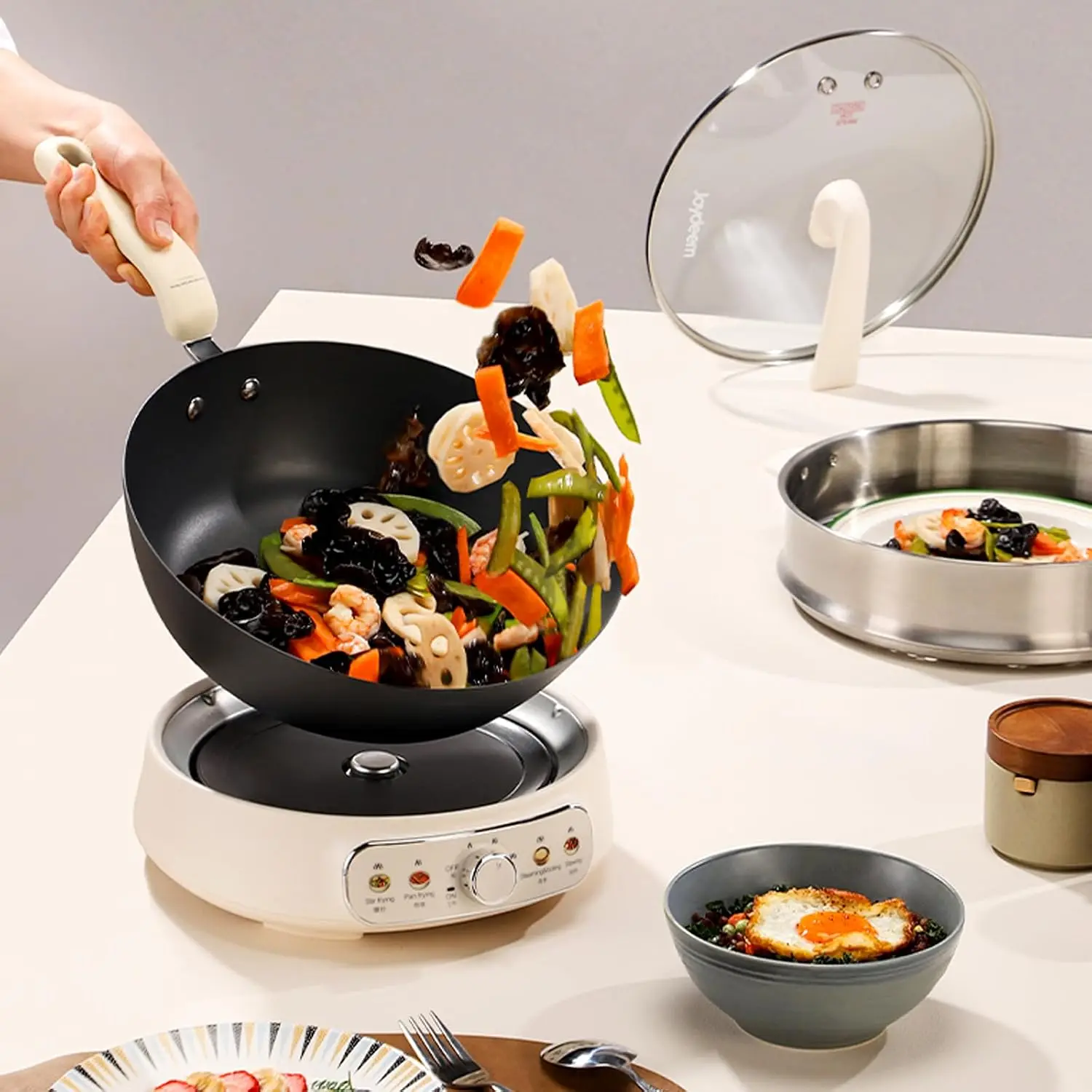 5Qt Electric Skillet Pure Iron Nonstick Frying Pan Glass Lid Steamer Rack 1600W 3 Level Heat Control Removable Pot Family Sized