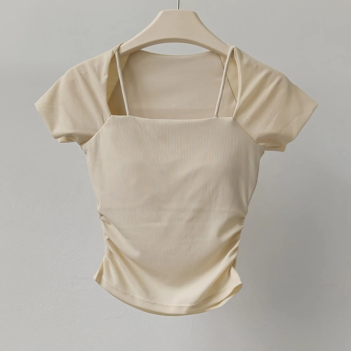 Yoga-Kleidung mit Brustpolstern, kurzärmelig, eckiger Kragen, eng anliegend, schnelltrocknend, Lauf-Sport-Oberteile, Fitness-Bekleidung, T-Shirts – Detail 5