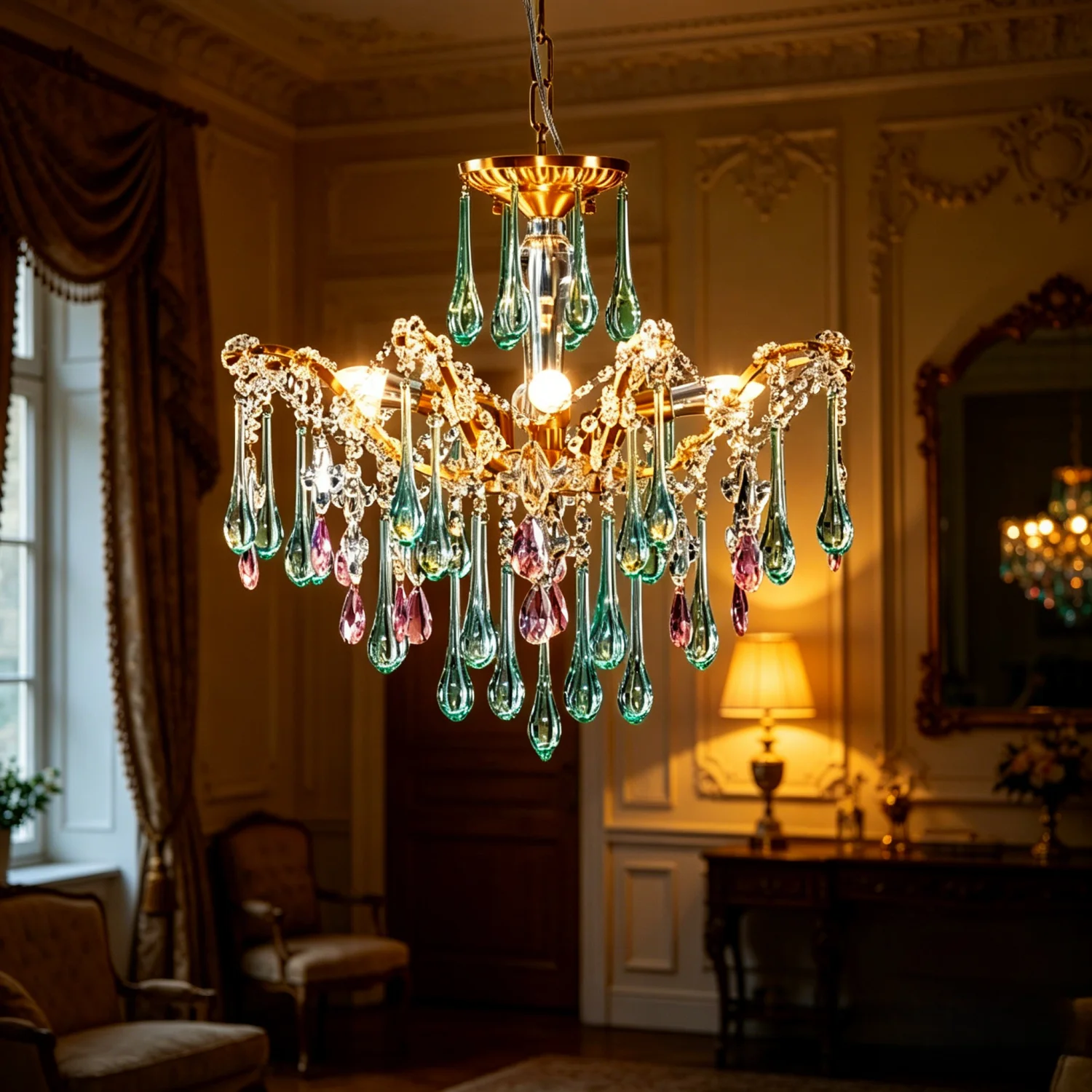 

European French Style Romantic Pink Green Crystal Colored Glass Full Copper LED Ceiling Light Style Living Room Bedroom Study