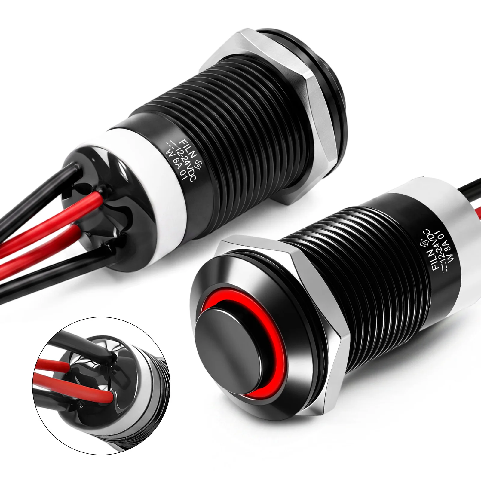 FILN 8A 12mm Latching Push Button Switch 12V-24V DC IP67 High Head IP67 Waterproof SPST 1NO 4 Wires Zinc-Aluminum Alloy on off
