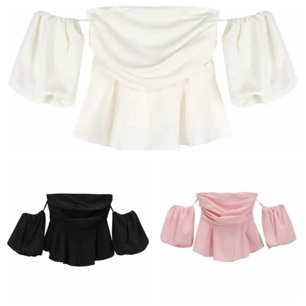 Modny plisowany crop top z odkrytymi ramionami, bluzka bazowa, koszulka z bufiastymi rękawami, słodka odzież damska, bufiaste topy tubowe, odzież damska.
