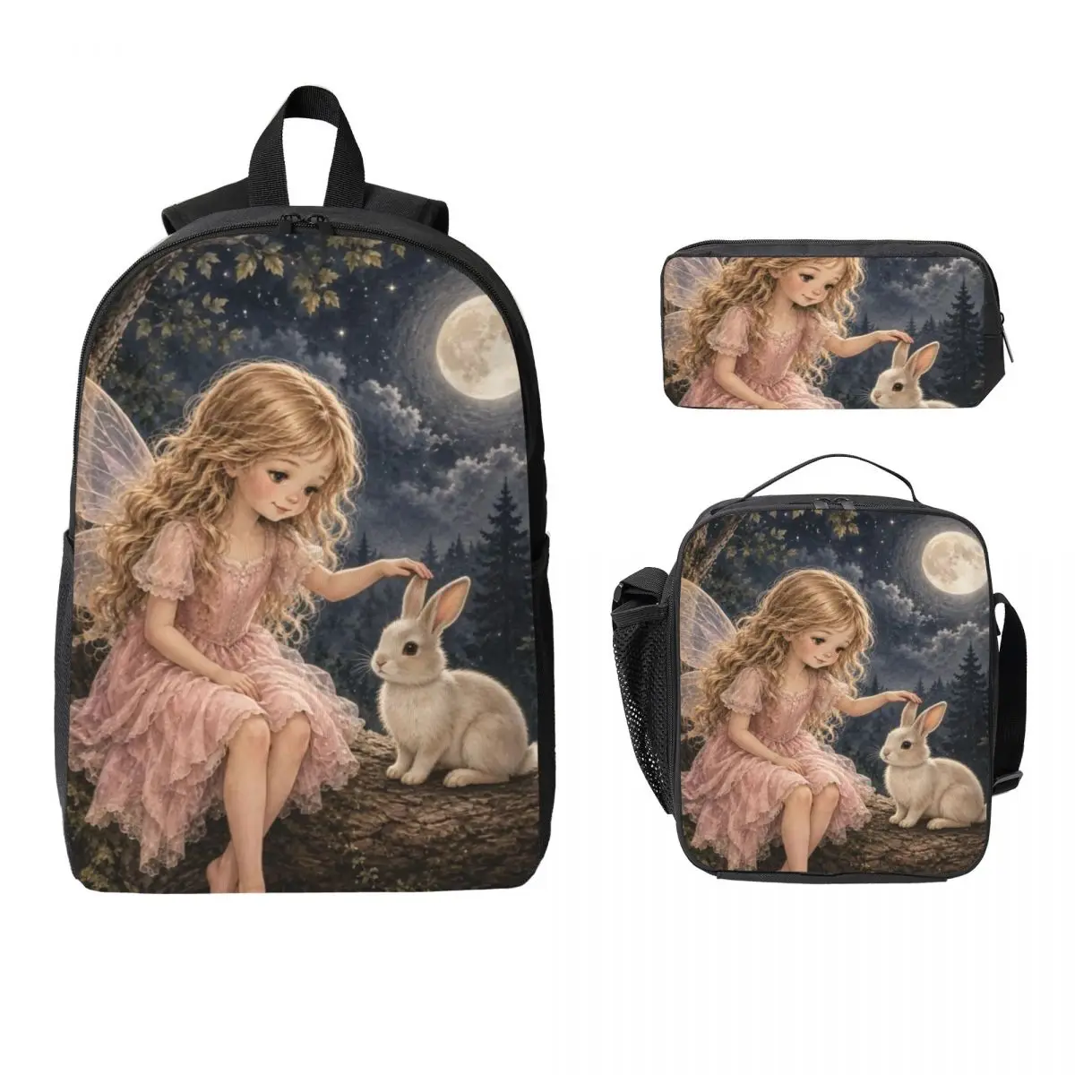 Fairy And Rabbit From A Dreamlike Forest Backpack BookBag School Bag Laptop Shoulder Bags 3ps Insulated Lunch Bag Pencil Case
