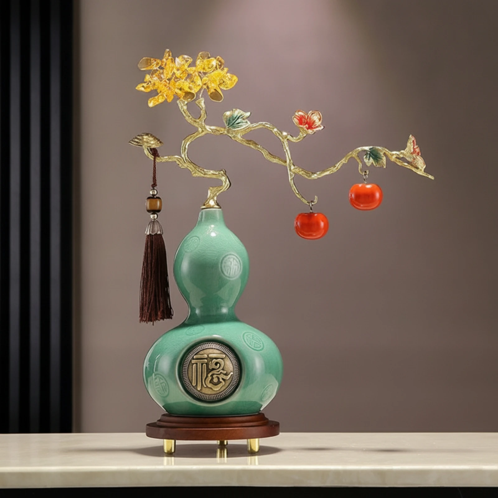 Gourd Statue with Wooden Base Gold-Tone Ceramic Gourd Statue Tabletop Accent Glossy Embossed for Homeowners, Living Room