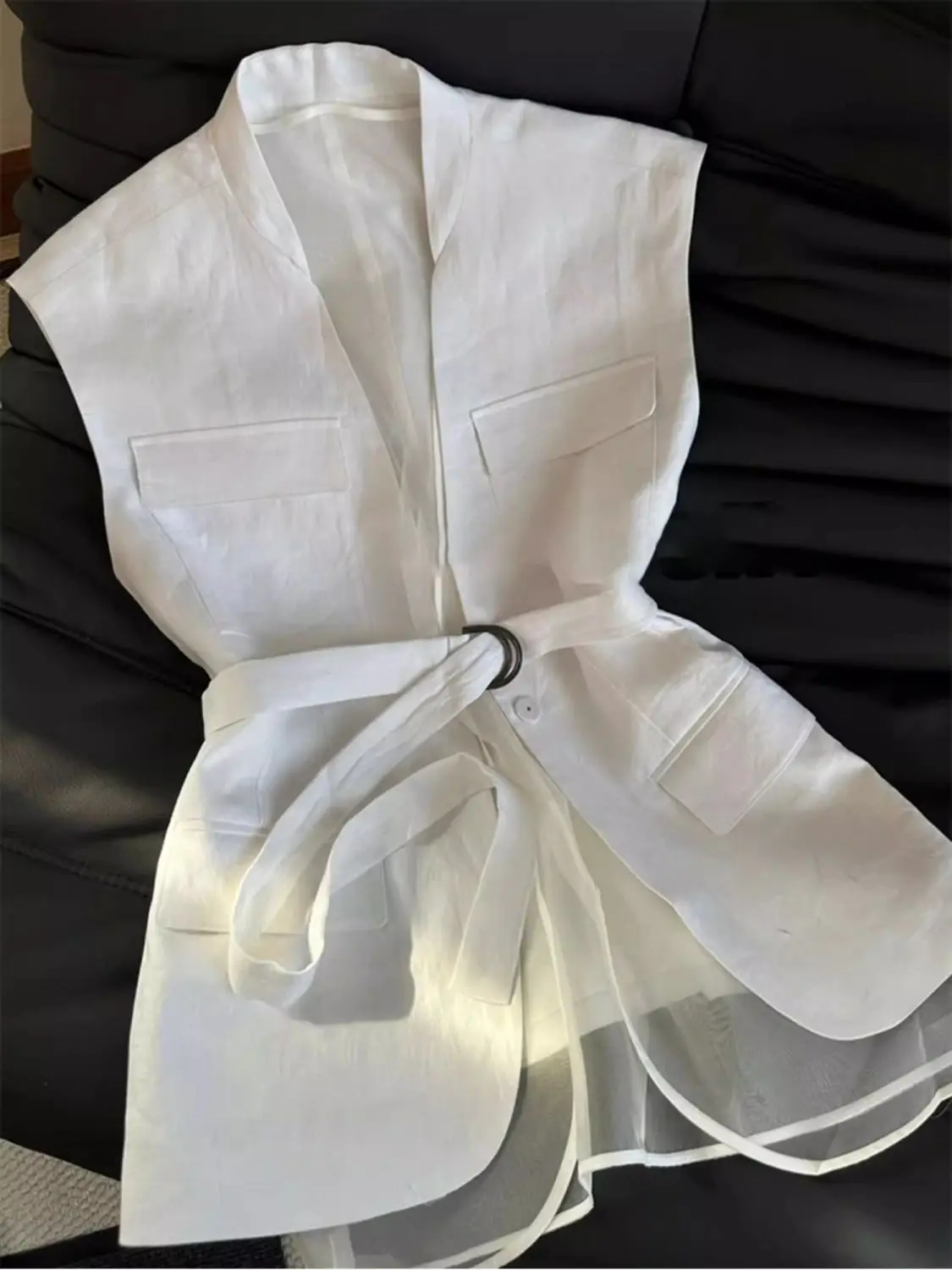 

Korean Summer Solid Sleeveless Vest Tops For Women V Neck Slim Waist Mesh Patchwork Shirt Elegant Office Casual Waistcoat