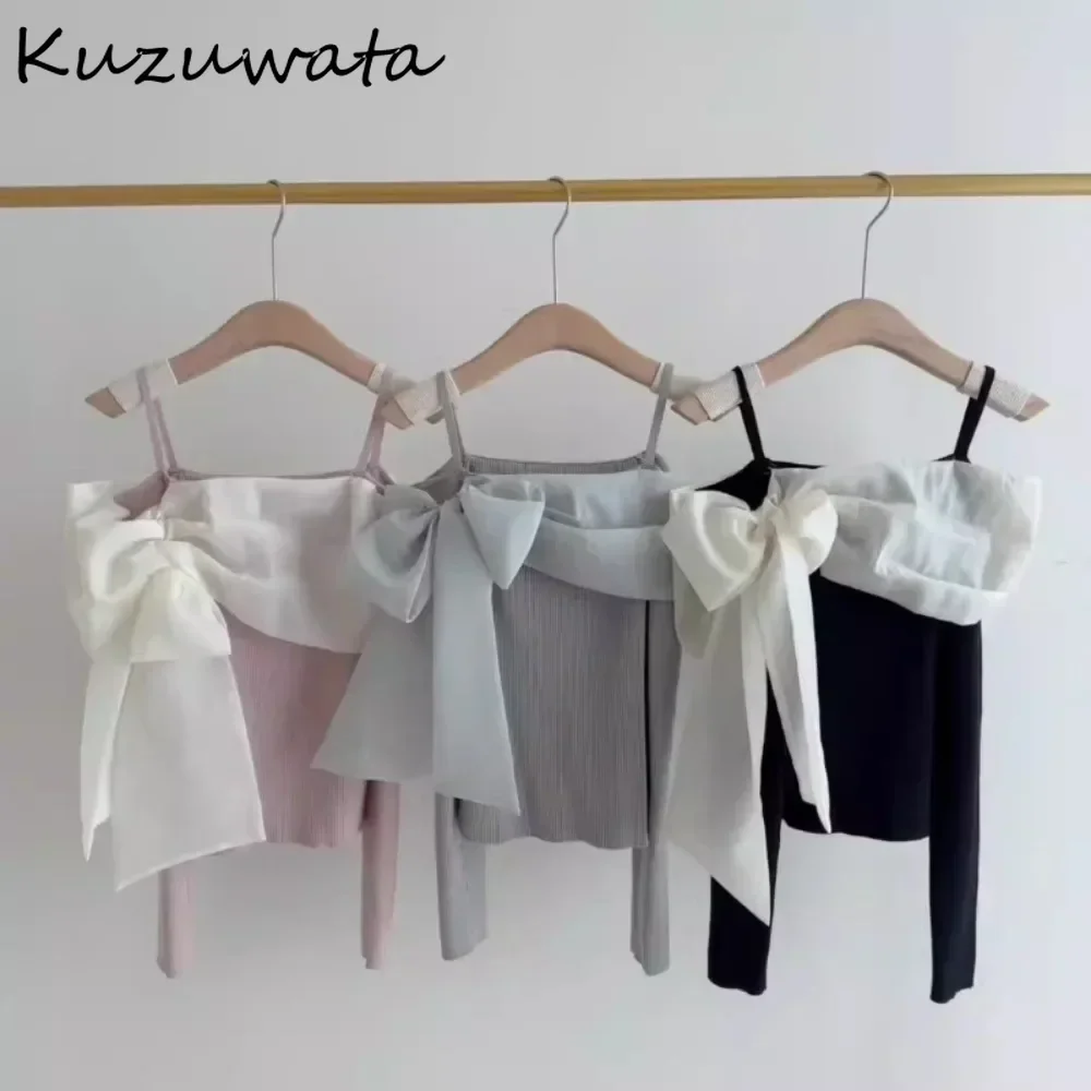 Kuzuwata New Sweet Chiffon Slash Neck Long Sleeve Pullovers Patchwork Off Shoulder Spaghetti Bow Jumper Japan Lace Up Knit Mujer