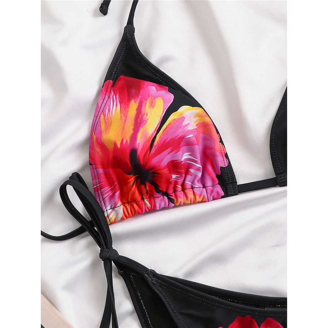 Mit Blumenmuster-Überwurf, Neckholder-Bikini, Damen-Badebekleidung, dreiteiliges Bikini-Set, Badeanzug, Badebekleidung, Schwimmbekleidung V8145 – Detail 8