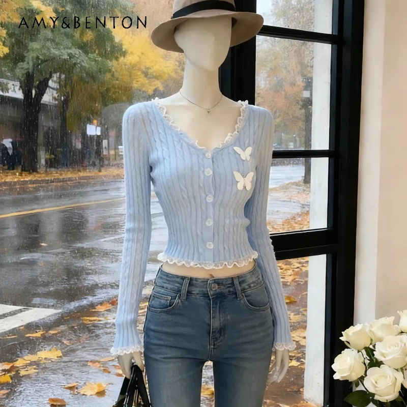 

Korean Blue V-Neck Lace Trim Women's Top 2026 Spring Autumn Butterfly Decoratio High-End Elegant Short Knitted Cardigan Ladies