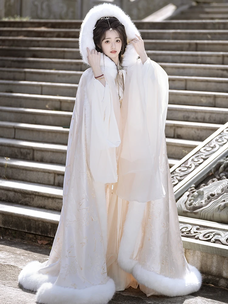 Manto tradicional chinês hanfu branco elegante anti-vento frio quente neve foto novo manto chinês com capuz