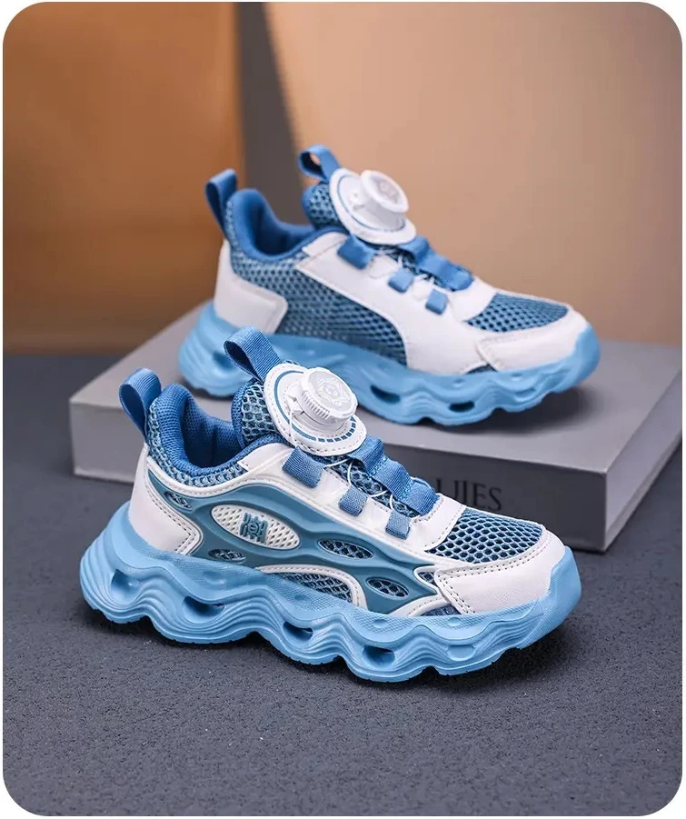 Детские кроссовки с вращающейся кнопкой и выдолбленной одной сеткой, большие детские противоскользящие и дышащие кроссовки на мягкой подошве.