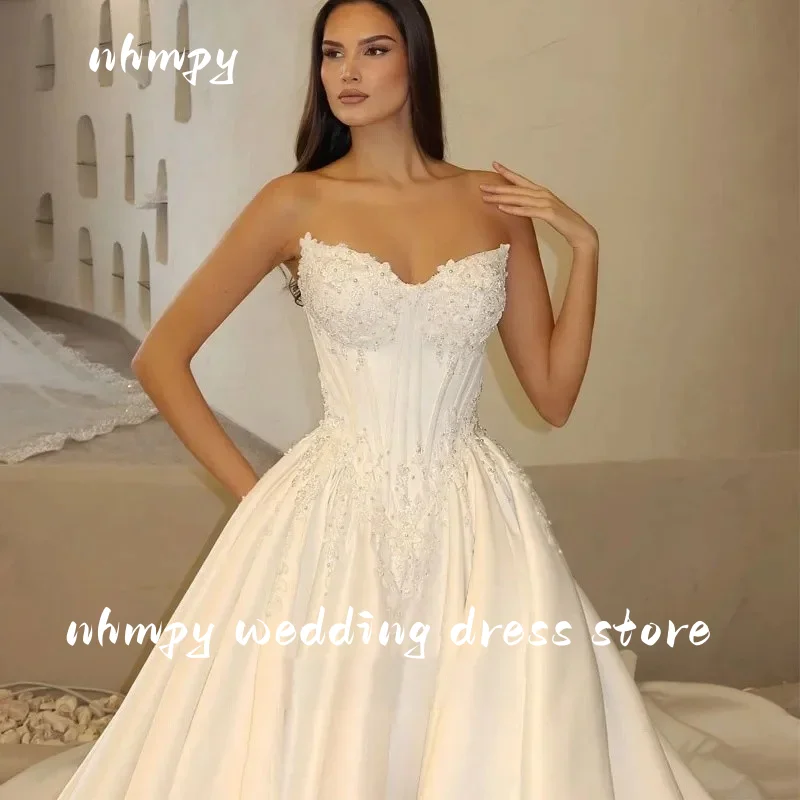 Elegant Strapless Wedding Dress Delicate Princess Women Buttons Back Bride Dresses Court Train Ball Gown  Pearls Customized Robe