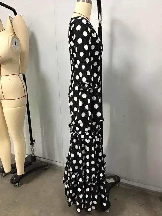 

Elegant Party Long Dress Women Polka Dot Printed Ruffle Hem Fishtail Dress Bohemian Casual O-neck Flare Sleeve Slim Maxi Dresses