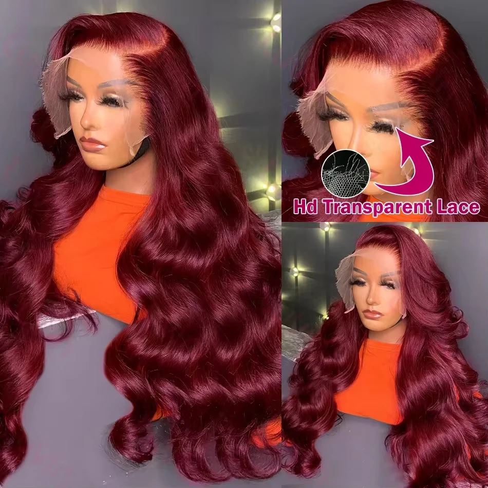 99J بورجوندي 13x6 الدانتيل الجبهة الباروكات قبل قطعها 250% الكثافة الأحمر اللون الجسم موجة 13x4 HD شفاف أمامي خصلات الشعر المستعار الإنسان