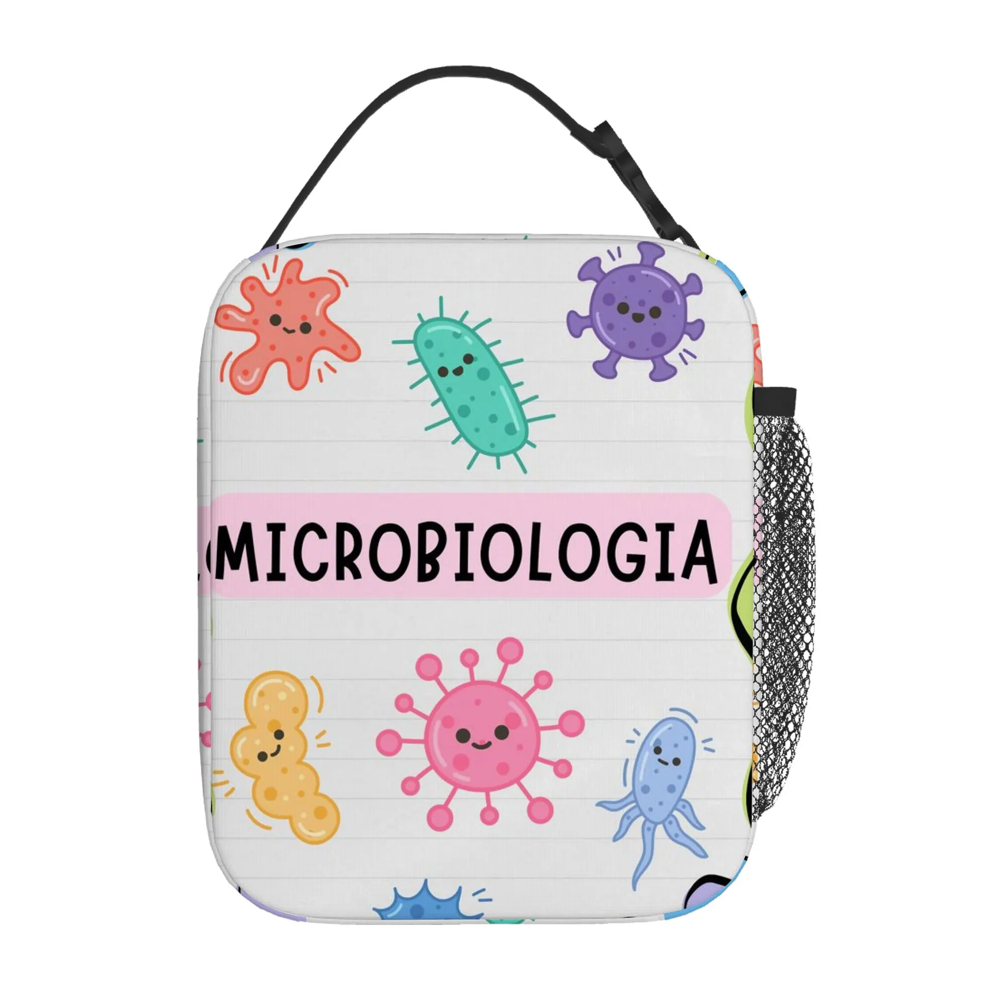 One Piece of a Colorful Microbial Illustration Design Printed Thermal Bag, Which Is an Insulated Bag Not Meant for Food Contact.
