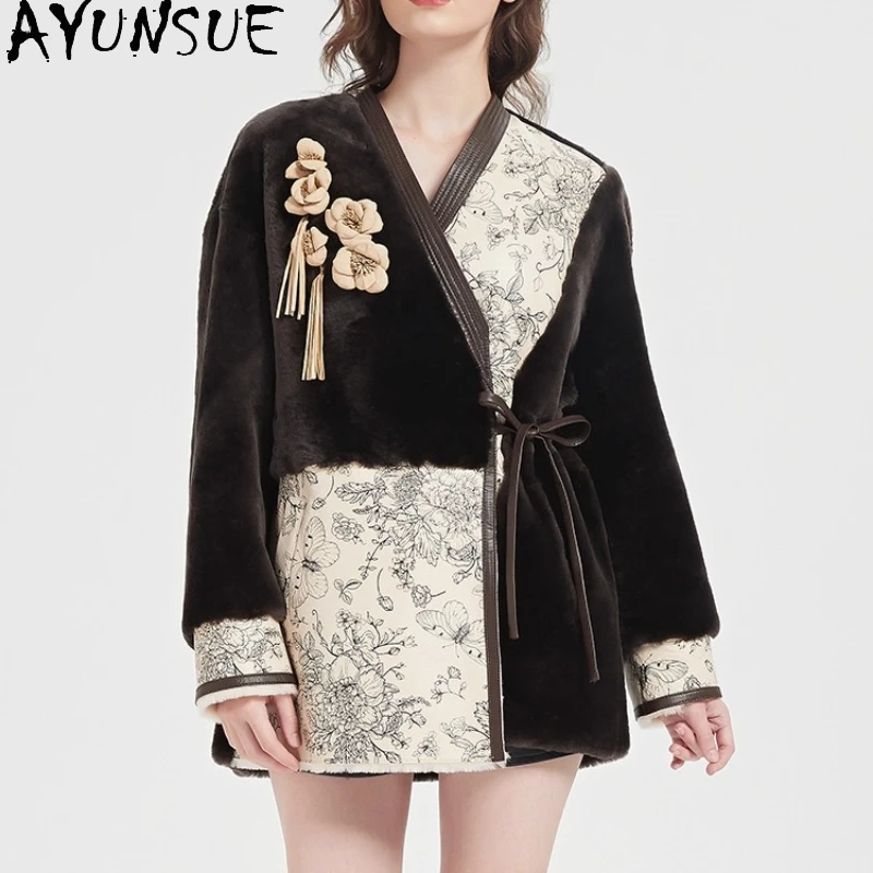 

AYUNSUE натуральная дубленка, шуба, женская зимняя одежда, куртка средней длины из натуральной кожи, женская куртка с цветочным принтом, новинка 2023 г.