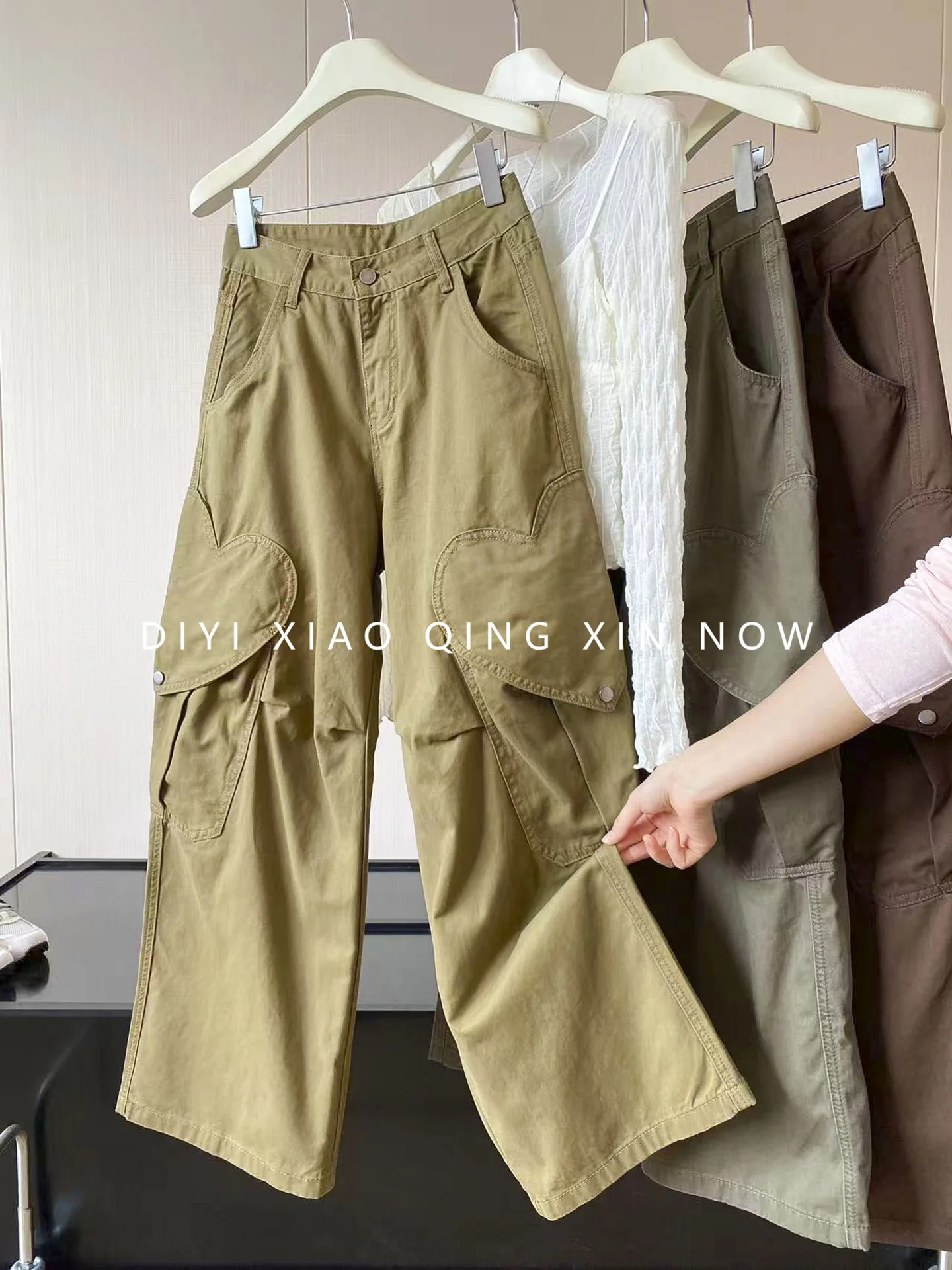 American Retro High Waist Loose Wide Leg Pants Women's Casual Loose Design Sense Cargo Trousers with Big Pockets