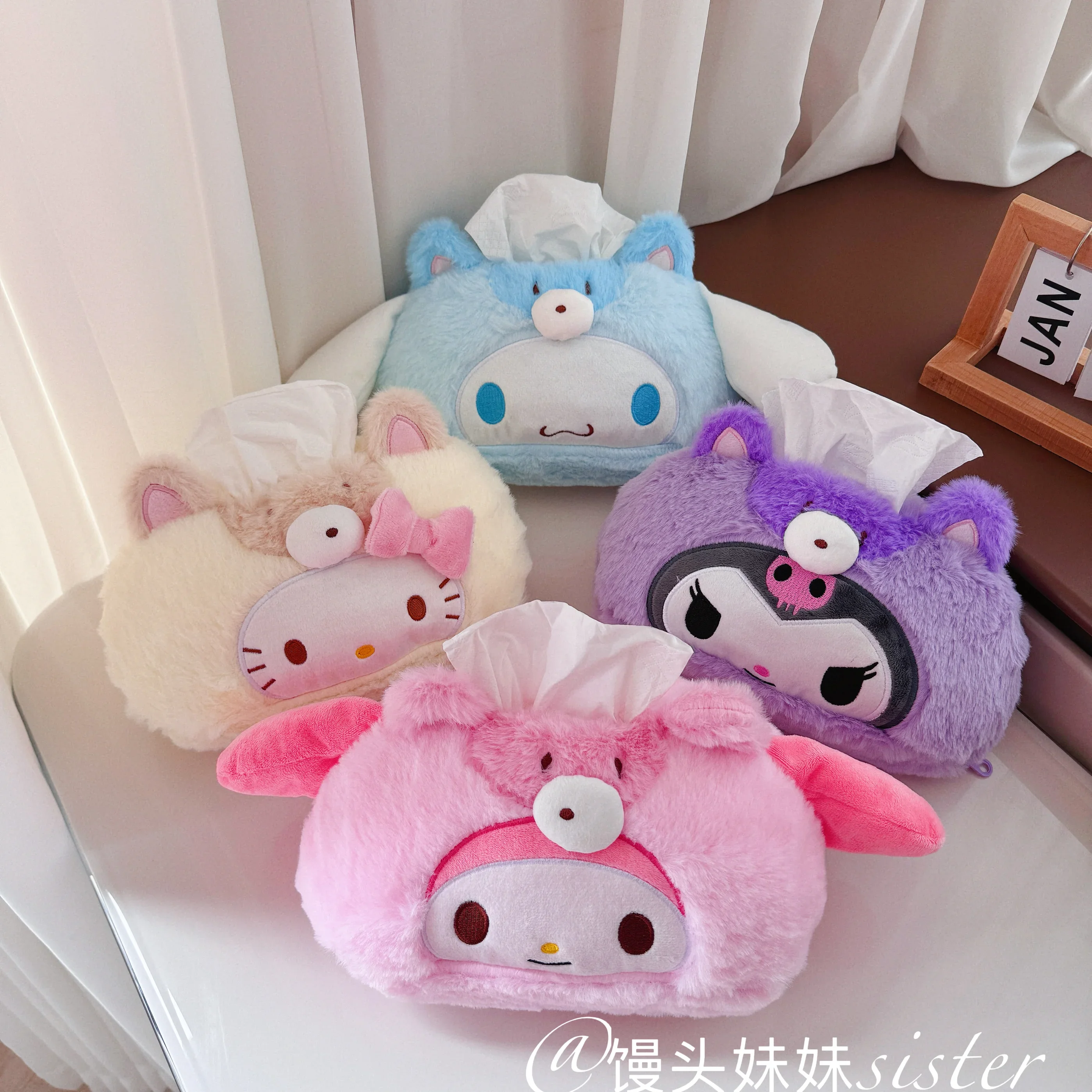 Sanrio caixa de tecido de pelúcia cinnamoroll minha melodia casa criativa capa de tecido de pelúcia kawaii kuromi olá kitty gaveta de papel presente da menina