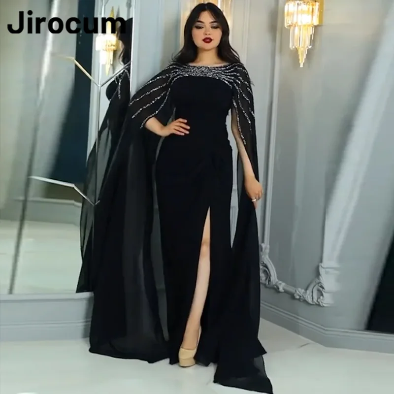 

Jirocum Elegant O Neck Prom Dress Women's Long Sleeve Beaded Party Evening Gown Floor Length Black 2025 Formal Occasion Gowns